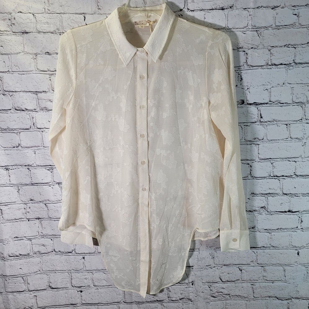 Hem & Thread Blouse Women M Ivory NEW Floral Burnout Long Sleeve Button Up 35535